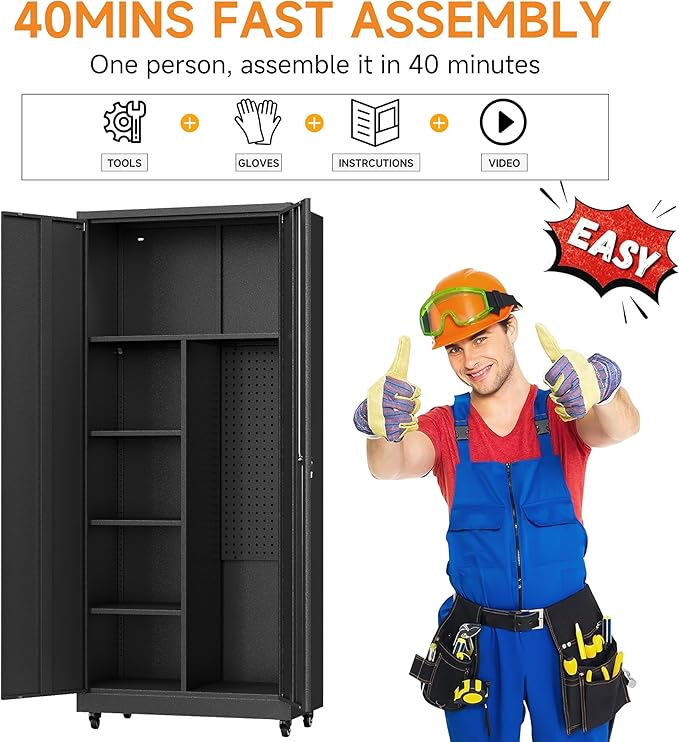 Metal Garage Storage Cabinet with 2 Doors, Adjustable Rolling Tool Storage Cabinet with Lock, 71" Steel Locking Tool Cabinet with Wheels and Shelves for Garage, Warehouse(Black, 71" H)
