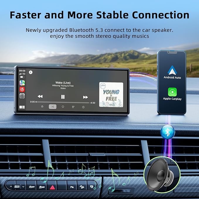 LAMTTO 9.26-inch Wireless CarPlay Screen for Car Compatable with Apple CarPlay& Android Auto,Portable Car Stereo with GPS Navigation,Bluetooth,Mirror Link,Drive Play,Touch Screen for All Vehicles
