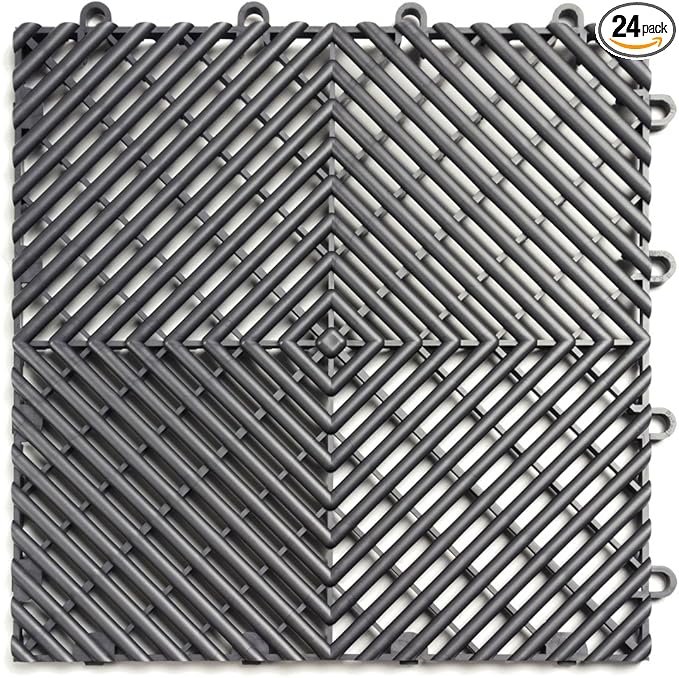 RaceDeck Free-Flow Open Rib Design, Durable Interlocking Modular Garage Flooring Tile (24 Pack), Graphite