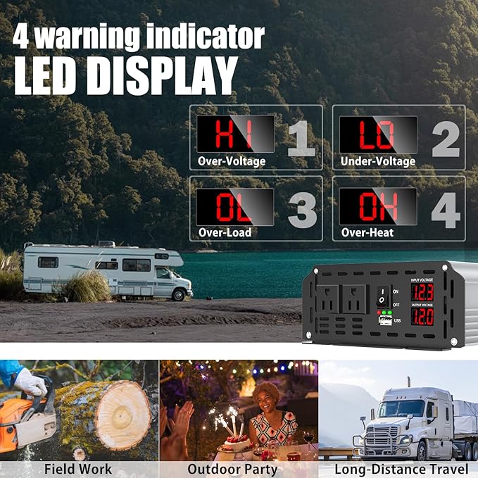 Power Inverter 3000 Watt, DC 12V to AC 110V 120V Converter Car Modified Sine Wave Power Inverter with Dual Sockets, USB Port, LED Display for RV Truck Boat Solar Car Emergency Off Grid