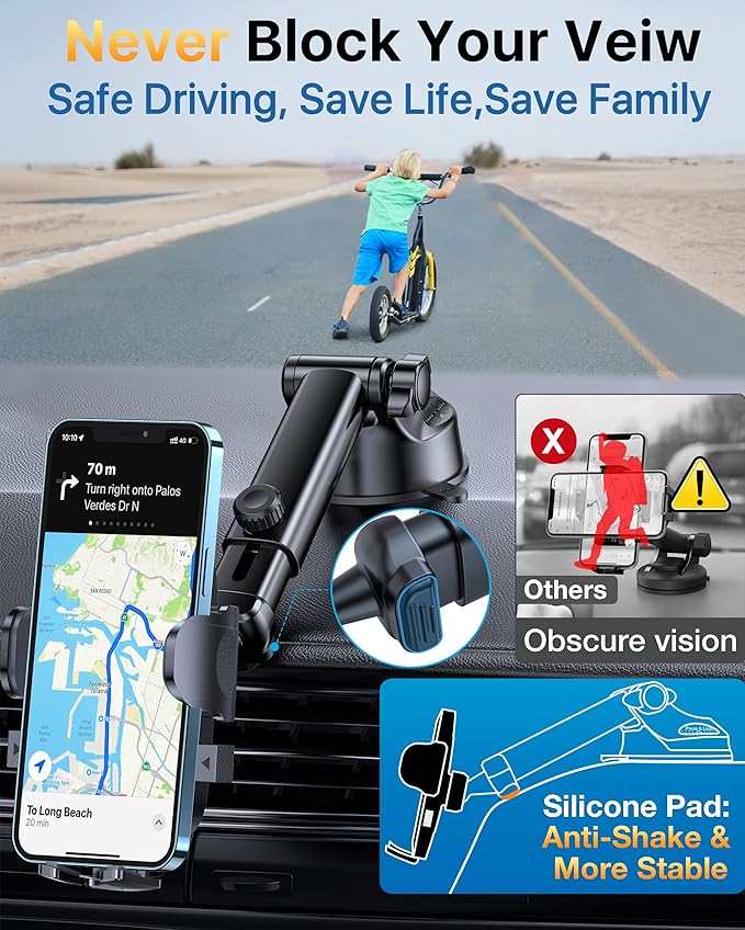 YRU [2025 Upgrade Extreme Strong Suction] Car Phone Holder Mount,[Bumpy Road Stable] Dashboard Cell Phone Holder for Car Vent Windshield Phone Stand for iPhone 16 15 14 13 Pro Max Samsung Truck, Grey