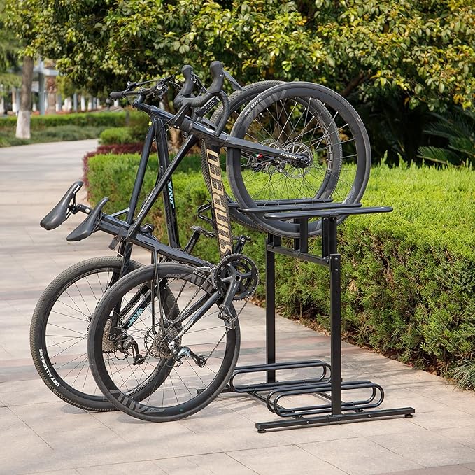 CXWXC 3/5 Bikes Stand Rack - Bike Storage Parking Racks Indoor/Outdoor - Bicycle Stand Garage for Parking Mountain Road Hybrid Bike, Fits Wheels up to 2.4" (3 Adult + 2 Kids Bikes)