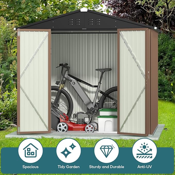 Gizoon Outdoor Storage Shed 8 x 6 FT, Galvanized Metal Garden Shed with Double Lockable Doors, Outdoor Storage Clearance for Backyard Patio Lawn-Light Brown