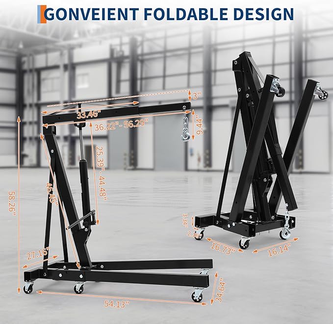 Engine Hoist Cherry Picker, 2 Ton Folding Hydraulic Engine Hoist with Telescopic Boom & 6 Casters, Heavy Duty Shop Crane Lifting Cherry Picker for Workshops Garage, Black