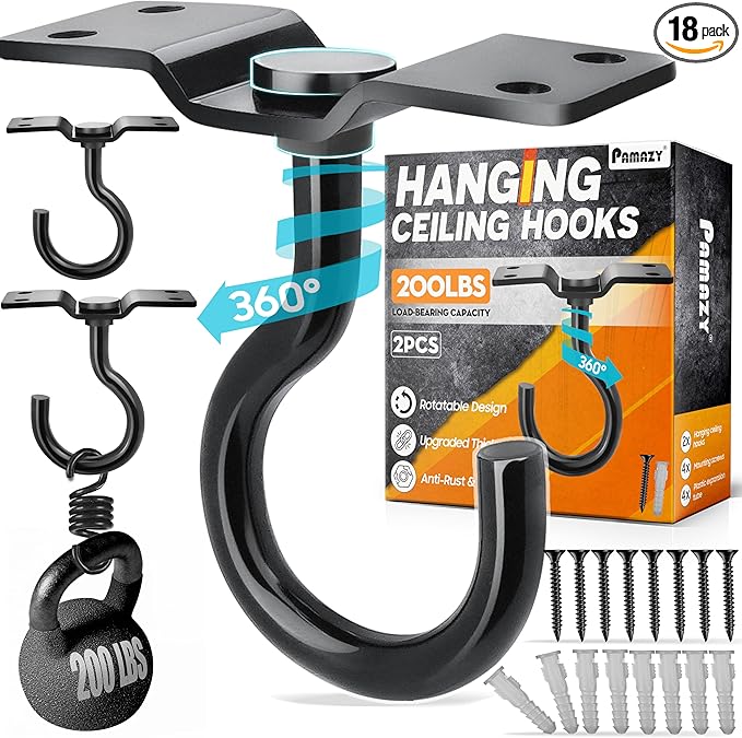 [UPGRADED] 2Pcs 200LBS Rotatable Ceiling Hooks with 4 Screw Points Base, Wall Mount Metal Hanger Black Ceiling Hook for Hanging Plant, Bird Feeder, Lights, Bed Canopy, Wind Chime, Indoor Outdoor Decor