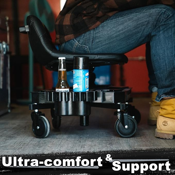 Rolling Stool with Wheels, Adjustable Height Pneumatic Garage Work Mechanic Stool Seat with Backrest, 400 LBS Capacity 360° Swivel Mechanic Crepper Chair with Tool Tray Storage, Gray
