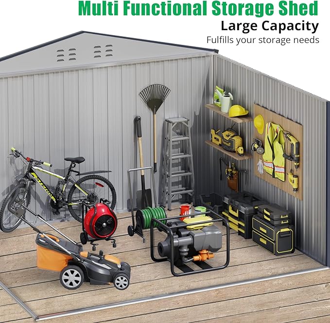 Outdoor Storage Shed 12 x 10 Ft, Outdoor Tool Metal Shed with Lockable Door, Air Vents and Sloping Roof, Metal Aluminum Waterproof Tool Sheds for Yard, Garden, Patio, Garage, Lawn, Gray