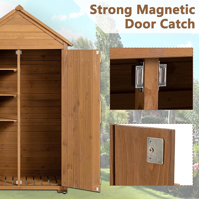 39.56"x 22.04"x 68.89" Outdoor Storage Cabinet with Removable Shelves, Waterproof Roof, and Adjustable Feet - Fir Wood Garden Tool Shed for Yard, Patio, Deck, and Garage,Yellow Brown