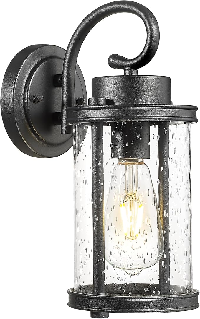 kudos Porch Lights, 12.5 inch Cylinder Outdoor Wall Light, E26 Sockets, Anti-Rust Waterproof Light Fixtures Wall Mount for Patio, Black with Seeded Glass, KDOWL01-BK
