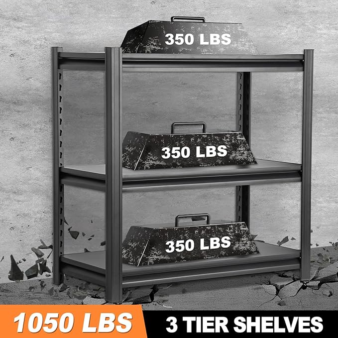 Metal Garage Shelving Unit, Heavy Duty 3-Tier 1050 LBS Loads Adjustable Storage Rack Garage Storage Shelves, Industrial Utility Shelf for Garages, Warehouses, Kitchen, Black