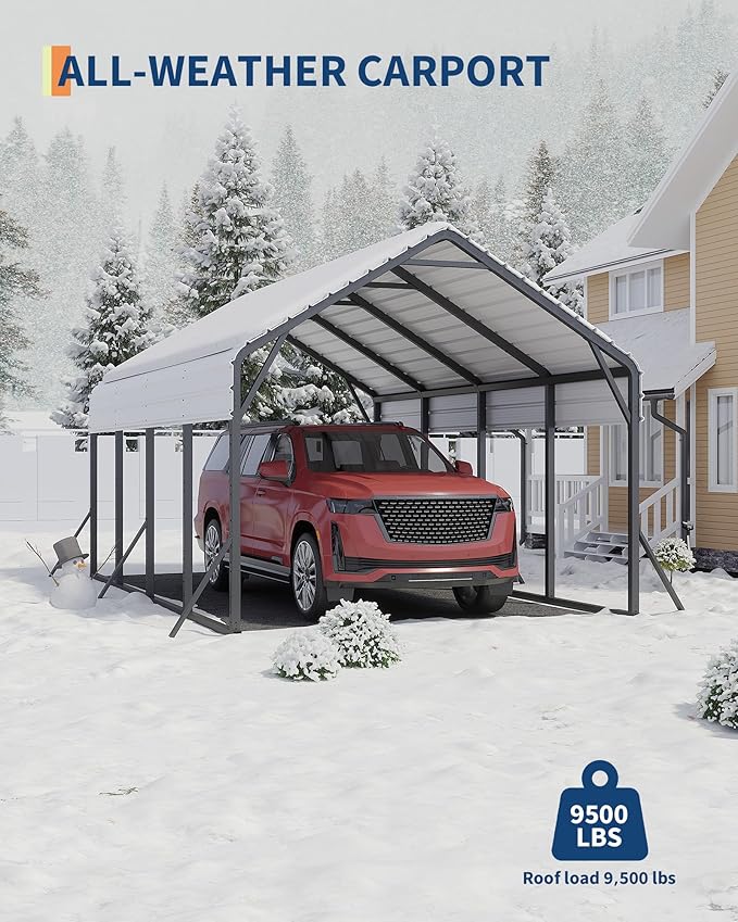 13'x21'x11' Oversized Metal Carport, Steel Heavy Duty Car Ports for All-Weather, Tall Carport for Full-Size Pickup Trucks, Boats, and Tractors, N.W. 660 Lbs