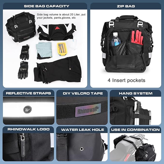 Rhinowalk Waterproof Motorcycle Saddlebags Luggage Bags 20L Quick Release for Adventure & Sport Bikes, Black (1 Pack)