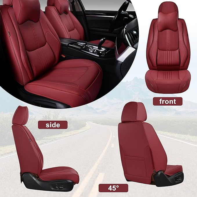 Front Seat Covers, 2 Pieces Universal Seat Covers for Cars, Waterproof Leather Auto Seat Protectors with Head Pillow, Car Seat Cushions Fit for Most Sedans SUV Pick-up Truck, Wine Red