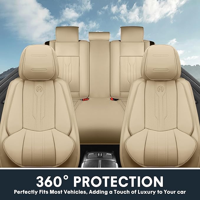 AOOG Car Seat Covers Full Set, Leather Seat Covers for Car, Waterproof Car Seat Protector with Lumbar Support, Automotive Seat Covers Universal Fit for Most Cars SUV Trucks (Full Set, Beige)