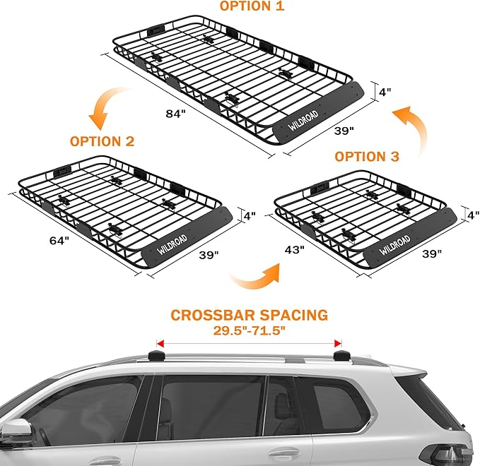 WILDROAD Car Roof Cargo Carrier Combo - Upgraded 84"x 39"x 4" Roof Rack Basket, Super Duty Bungee Net. Universal Car Top Luggage Holder Fits SUV, Truck, Cars