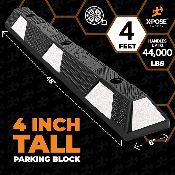 Xpose Safety 48" Heavy Duty Rubber Parking Stopper – 1 Pack Wheel Blocks for Garage, Driveway, or Ramp – Car Bumper Stop with White Reflective Strips – Removable Floor Mount