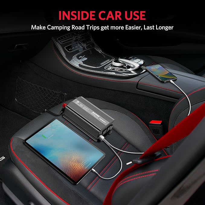 500W Pure Sine Wave Power Inverter, DC 12V to 110V AC Car Plug Inverter Adapter with 4.2A Dual USB Charging Ports and 2 AC Outlets Car Charger (Black)