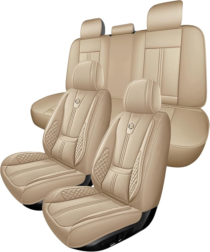 Car Seat Covers Full Set, Black Seat Cover for Cars Compatible Airbag, Easy Install Luxury Leather Automotive Seat Covers with Lumbar Support, for Car, Truck, SUV, Beige