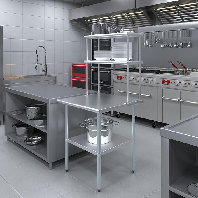 Amgood Stainless Steel Work Table Double Tier Overshelf | Metal Kitchen Prep Table & Shelving Combo (30" x 30" Work Table + 12" Overshelf)