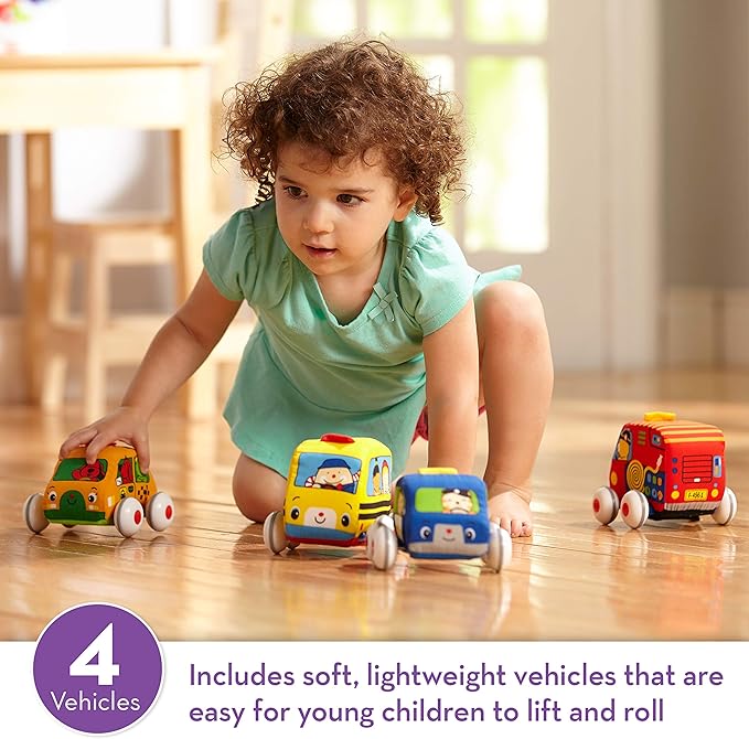 Melissa & Doug K's Kids Pull-Back Vehicle Set - Soft Baby Toy Set with 4 Cars and Trucks, Soft Vehicles Toys for Babies and Toddlers
