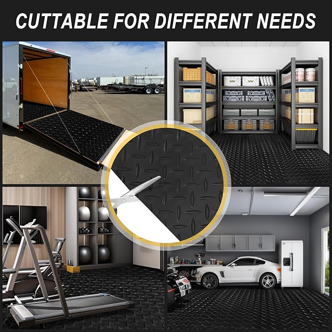 4x8FT Garage Floor Mat, 2.8mm Thickened Flooring Roll for Under Car, Golf Cart Parking Mat, Diamond Plate PVC Rubber Motorcycle Mat, Non-Slip Floor Protector for Garage Warehouse Trailer, Black