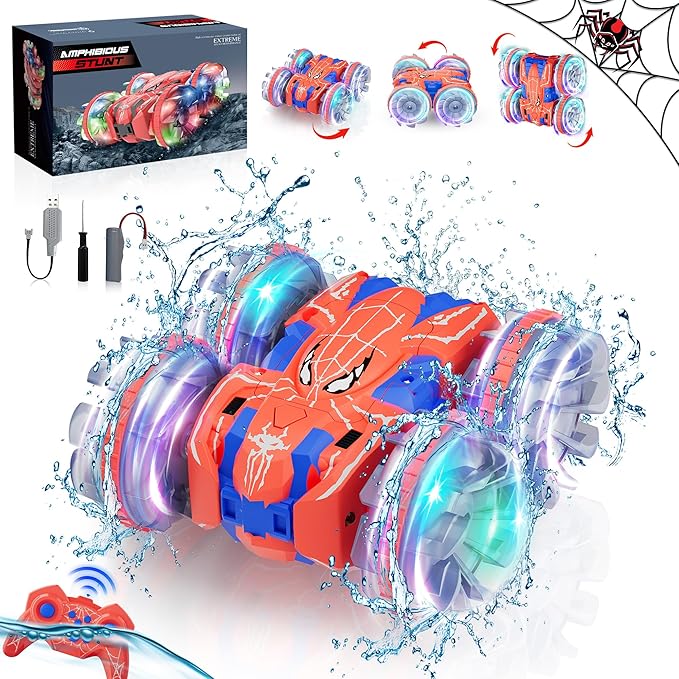 ZIZZ Amphibious Remote Control Car: 4WD Waterproof RC Car 2.4 GHz Remote Control Boat for Kid, Spider Double Sided 360° Rotating RC Stunt with LED Light, Boy Girl Gift All Terrain Water Beach Pool Toy