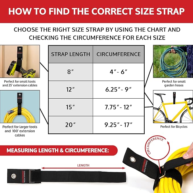Heavy Duty Hanging Storage Cinch Straps with Metal Buckle (4 Pack, 1.5" x 20") - Electrical Extension Cord & Garden Hose Holder, Cable Management, Storage Organizer in Garage, Workshop - ENVISIONED