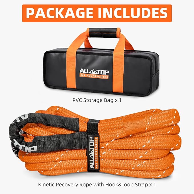 ALL-TOP Kinetic Recovery Rope (Reflective) 48000Lbs, 1in x 30ft, Heavy Duty 30+% Elasticity, 16000Lbs Work Load Limit for 4x4 Offroad