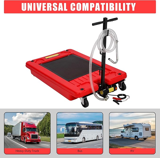 ‌17 Gal Electric Oil Drain Pan, Low Profile Mobile Oil Changing Pan with Hand Pump, 8 Ft Hose & Quick Drain Valve, Leak-Proof Design for Truck Car Motorcycle, Garage Workshop Use