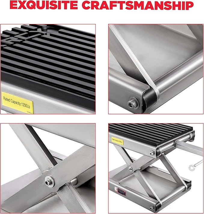 CXRCY 1200 LBS Motorcycle Lift Scissor Jack Stainless Steel Finish Upgraded Dirt Bike ATV Steel Motorcycle Hoist Stand with Ratchet Wrench,Crank Handle,Thickened Rubber Pad,Wide Deck
