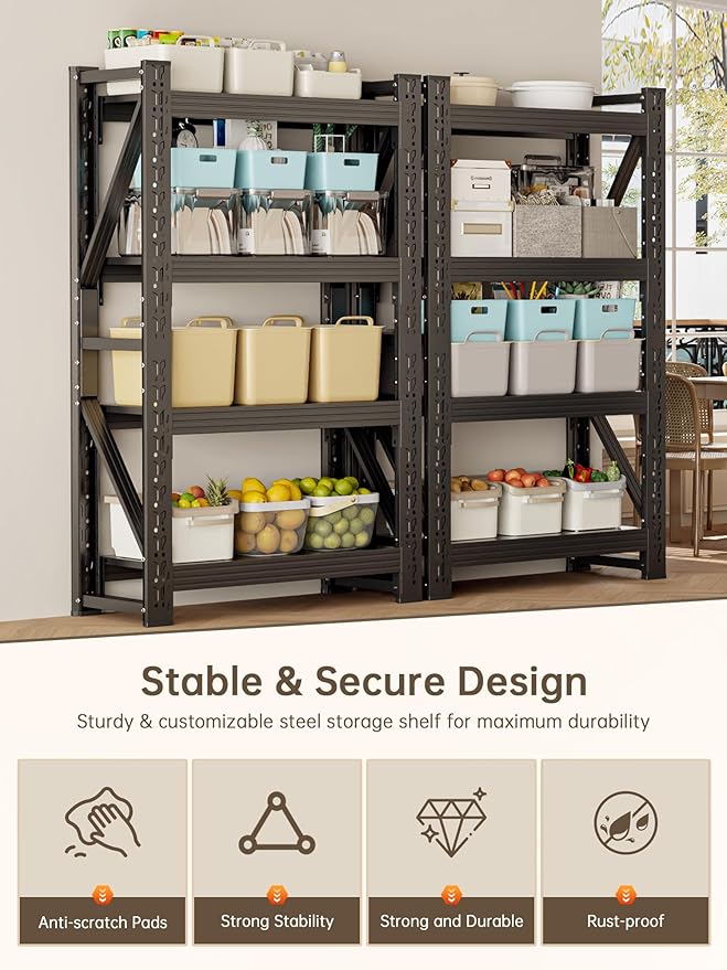 4-Tier Storage Shelves,79" H Heavy-Duty Garage Shelving Unit,Adjustable Industrial Metal Shelf System,3,400lbs Capacity,Tool Organizer for Garage,Workshop,42" W*20" D*79" H,Black
