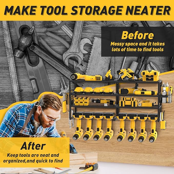 Large Power Tool Organizer Wall Mount for Fathers Dad, 4 Layers Heavy Duty Metal Garage Organization Loads 360lbs with 8 Cordless Drill Holder, Power Tool Shelf for Garage Workshop, Utility Racks