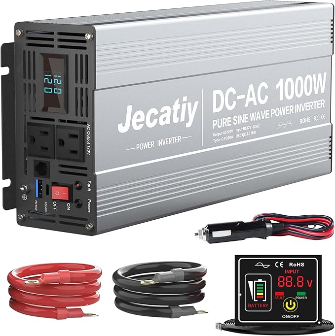 1000 Watt Pure Sine Wave Power Inverter DC 12V to 110V/120V AC Converter with 2 AC,18W USB, and 30W Type-C Charging Ports, Car Solar Power Inverters with LCD Display for Home RV Truck