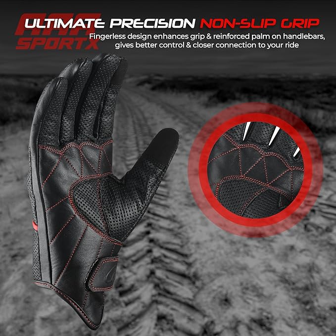 aasportx Motorcycle Gloves - Men's Leather Motorbike Gloves with Touchscreen Function - Non-Slip Pads for Men & Women