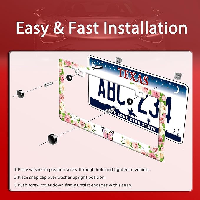 Pink Butterfly License Plate Frame Rose Flowers Floral License Plate Holder Colorful Auto Accessories for Women 6x12 Inch