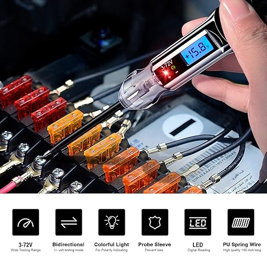 Heavy Duty 3-72V Backlit Digital LCD Circuit Tester, Automotive Test Light with 140 Inch Extended Wire and 2 Polarity Indicate LED Lights, Car Truck Low DC Voltage & Light Tester with Stainless Probe