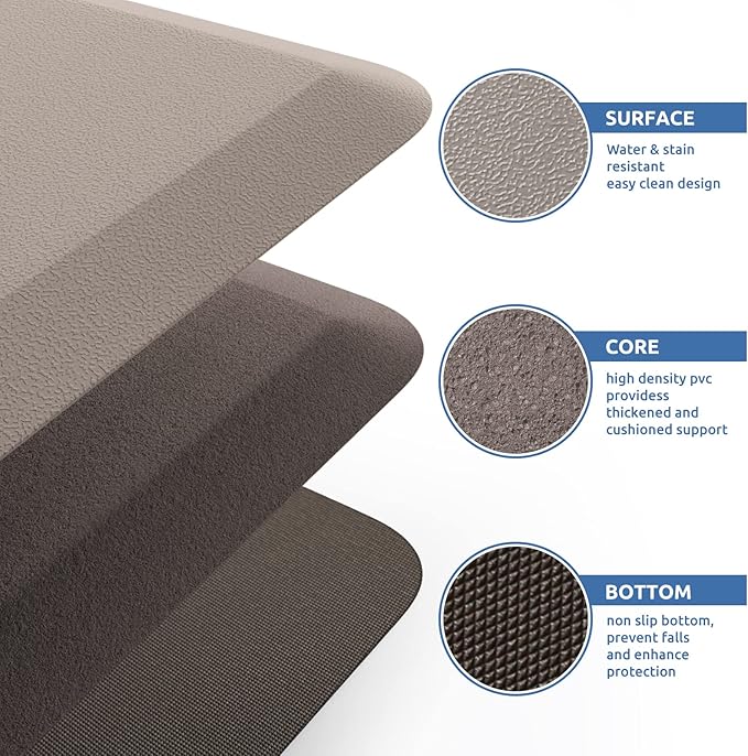 KitchenClouds Kitchen Mat Cushioned Anti Fatigue Kitchen Rug 17.3"x60" Waterproof Non Slip Kitchen Rugs and Mats Standing Desk Mat Comfort Floor Mats for Kitchen House Sink Office (Khaki)