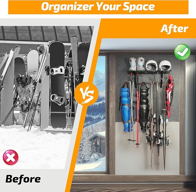 PLKOW Wall-Mounted Ski Rack, Skis Storage Rack for Garage Shed with Top Storage Shelf, Customizable Spacing, Supports Up to 280 lbs, Steel