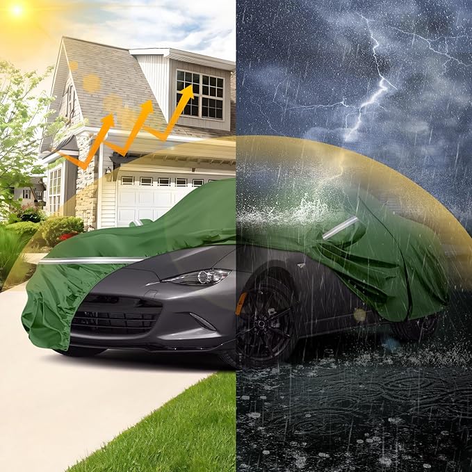 BOSSTONE Car Cover Custom Fit for Mazda MX-5 Miata 1989-2025, Waterproof All Weather for Automobiles Full Exterior Cover Rain Sun Snow Protector with Door Zipper (Green)