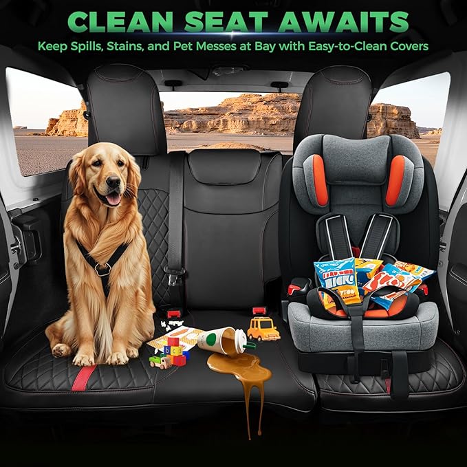 for Jeep Wrangler Seat Covers 4Door JL 2018 2019 2020 2021 2022 2023 2024 2025, Custom Car Seat Cover Full Set, Luxury Waterproof Leather Seat Protectors, Black Red Trim, W/O Rear Cup Holder