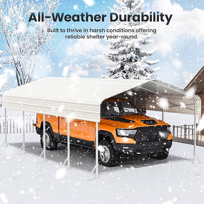 12x20ft Heavy Duty Metal Carport – Outdoor Galvanized Garage, Sturdy Structure, All-Weather Protection, Easy Assembly for Cars, Trucks, Boats, Tractors, and Outdoor Storage (White, 12x20FT)