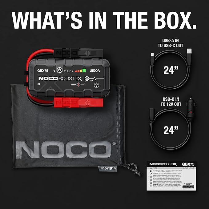 NOCO Boost X GBX75: 2500A UltraSafe Jump Starter – 12V Lithium Battery Booster Pack, Portable Jump Box, Power Bank & Jumper Cables - for 8.5L Gas and 6.5L Diesel Engines