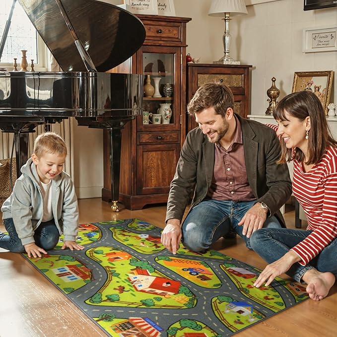 STARUIA 60" x 32" Washable Kids Rug for Playroom, Boys Baby Car Rugs for Kids Toy Cars Have Fun Safely, Educational Farm Road Play Rug Race Track Carpets for Kid Room Bedroom
