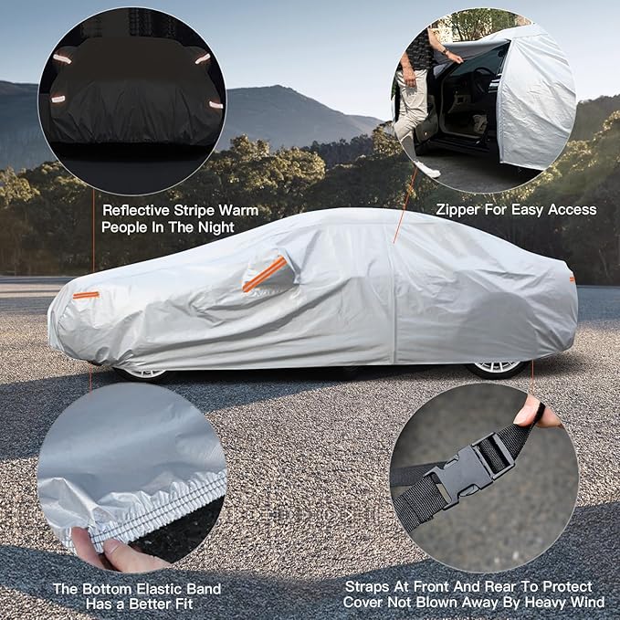 Kayme 6 Layers Car Cover Waterproof All Weather for Automobiles, Outdoor Full Cover Rain Sun UV Protection with Zipper Cotton, Universal Fit for Sedan (178-185 inch)