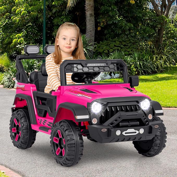 Costzon Kids Ride on Truck, 12V Electric Ride on Car with Remote Control, 3 Speed & Spring Suspension, Wireless Connection, USB, Music, Light, Kids Ride on Toys for Boys Girls (Pink)
