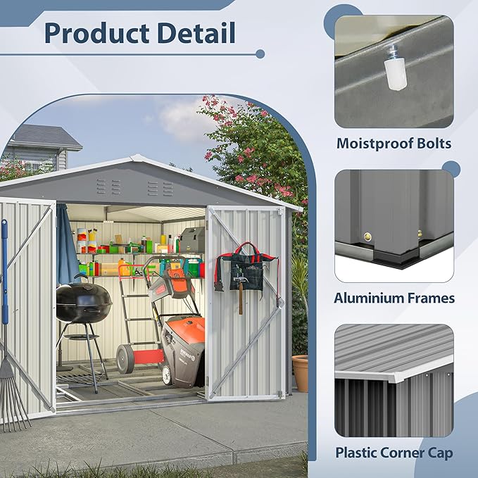 10X8 FT Outdoor Metal Storage Shed with Lockable Door & Floor Frame, Heavy-Duty Garden Tool Shed, Weatherproof Steel Utility Shed for Backyard, Patio, or Lawn Organization