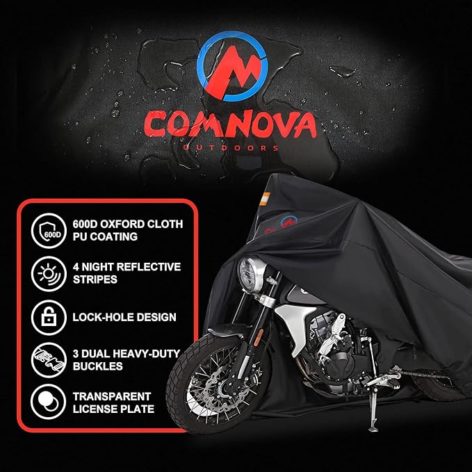 Comnova Motorcycle Cover 81 Inch - 600D Outdoor Moped Cover with Lock Hole Universal Fit, Heavy Duty & Waterproof Motor Cycle Protection for Harley, Honda, Kawasaki, Fit Up to 81" Motorcycles