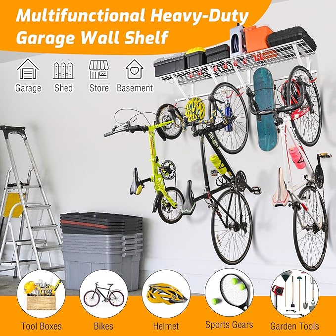 PLKOW Garage Wall Shelving 4-Pack Includes Bike Hooks, Sturdy Adjustable Garage Shelving Wall Mount Garage Wall Organizer (Black, 4-Pack)
