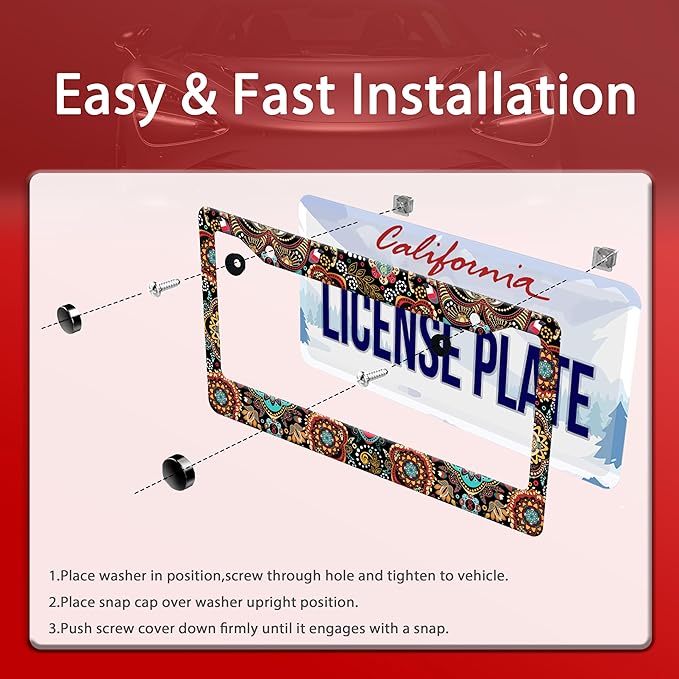 Personalized License Plate Frame Stainless Steel Floral Print Funny Boho Flower Car License Plate Holder Accessory Decorative 2 Holes Screws Fits Us Standard License Plates 12.2 X 6.3 In For Men Women