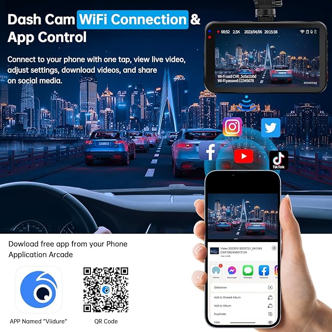 Dash Cam Front and Rear, Dash Camera for Cars WiFi/APP Control Dual Dashcam W/ 64GB Card, 2.5K Dash Cam Front+1080P Rear Car Camera W/Super Night Vision, Loop Recording, G-Sensor, Max Support 256GB